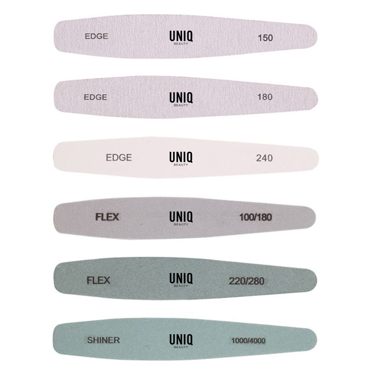 Sei lime per unghie UNIQ Beauty di diverse grane: 150, 180, 240, 100/180, 220/280, 1000/4000.