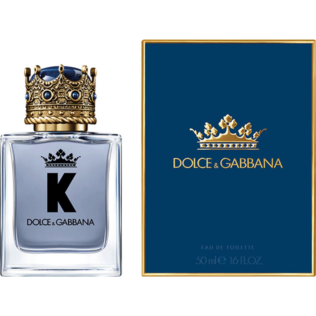 Flacone e confezione di K by Dolce & Gabbana. Flacone con tappo a corona, liquido blu. Scatola blu con logo.