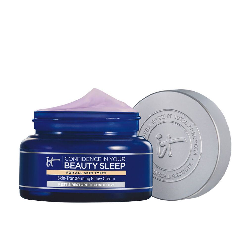 Vaso blu con crema e coperchio. Scritta: Confidence in Your Beauty Sleep. Per tutti i tipi di pelle. Crema cuscino.