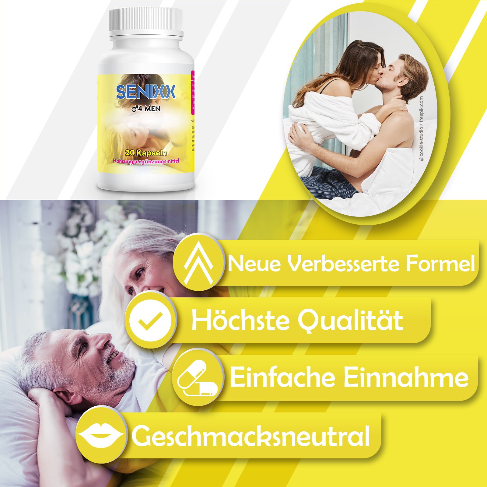 Flacone bianco SENIXX 4 MEN, 20 capsule. Testo: Nuova formula migliorata, Massima qualità, Facile assunzione, Insapore.