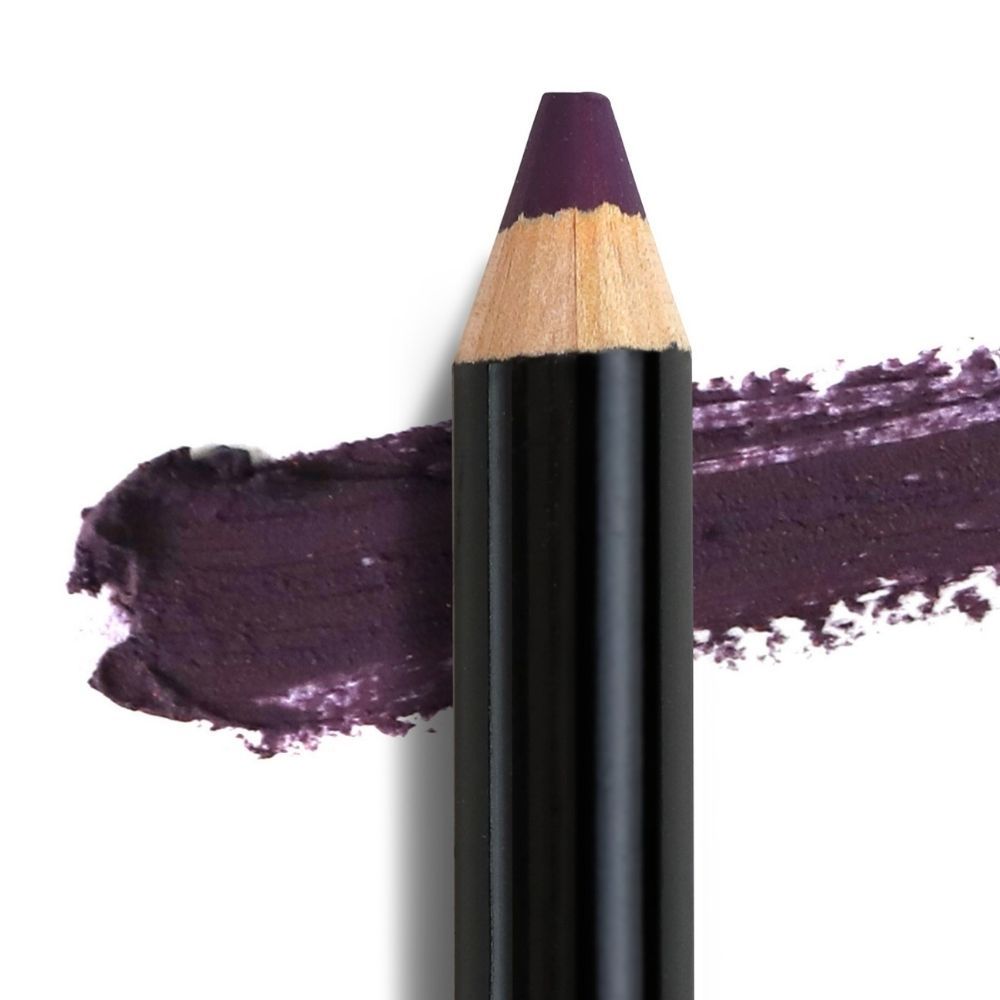 Primo piano di una matita occhi viola scuro. Punta della matita e campione di colore visibili.