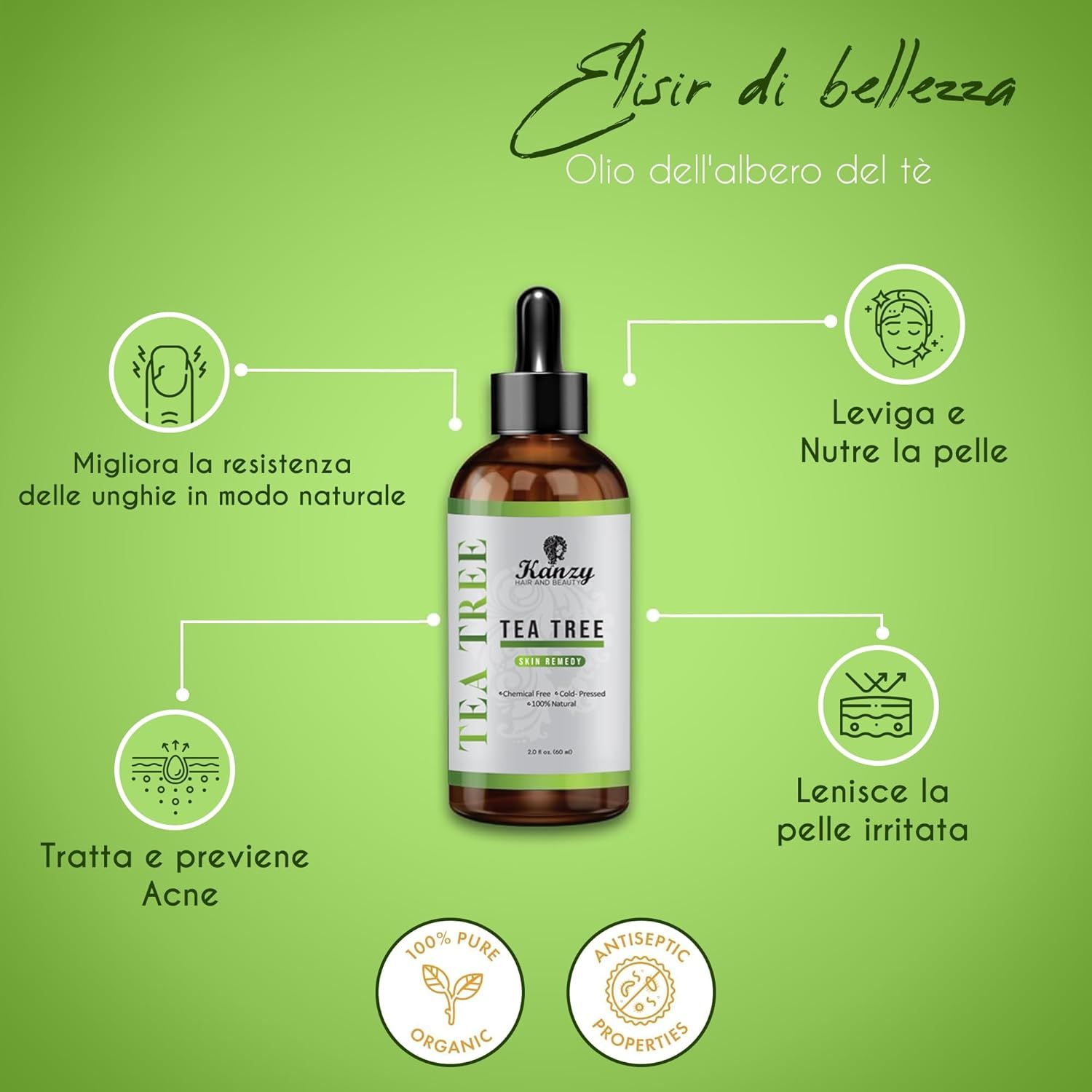 Flacone di vetro marrone Kanzy Tea Tree Oil con contagocce. Etichetta con informazioni sul prodotto. Due cerchi con loghi.