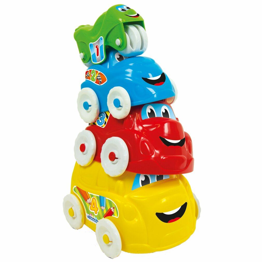 Giocattolo a forma di auto impilabili multicolore. Giallo, rosso, blu e verde. Ogni auto ha ruote e un numero. L'auto in cima ha una testa verde.
