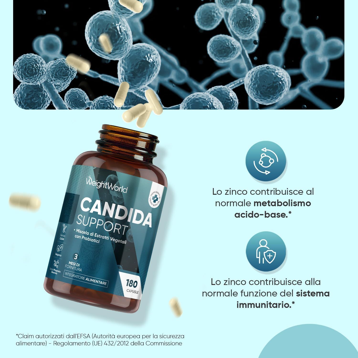 Flacone marrone con capsule. Scritta: Candida Support. 180 capsule. Lo zinco contribuisce al normale metabolismo acido-base.