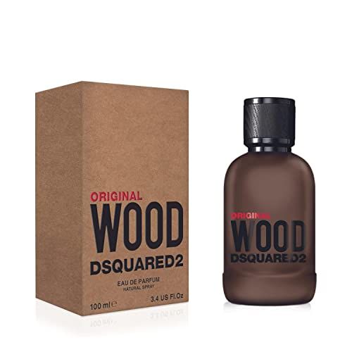 Flacone marrone e confezione. Scritta: Original Wood Dsquared2. Testo sulla confezione.