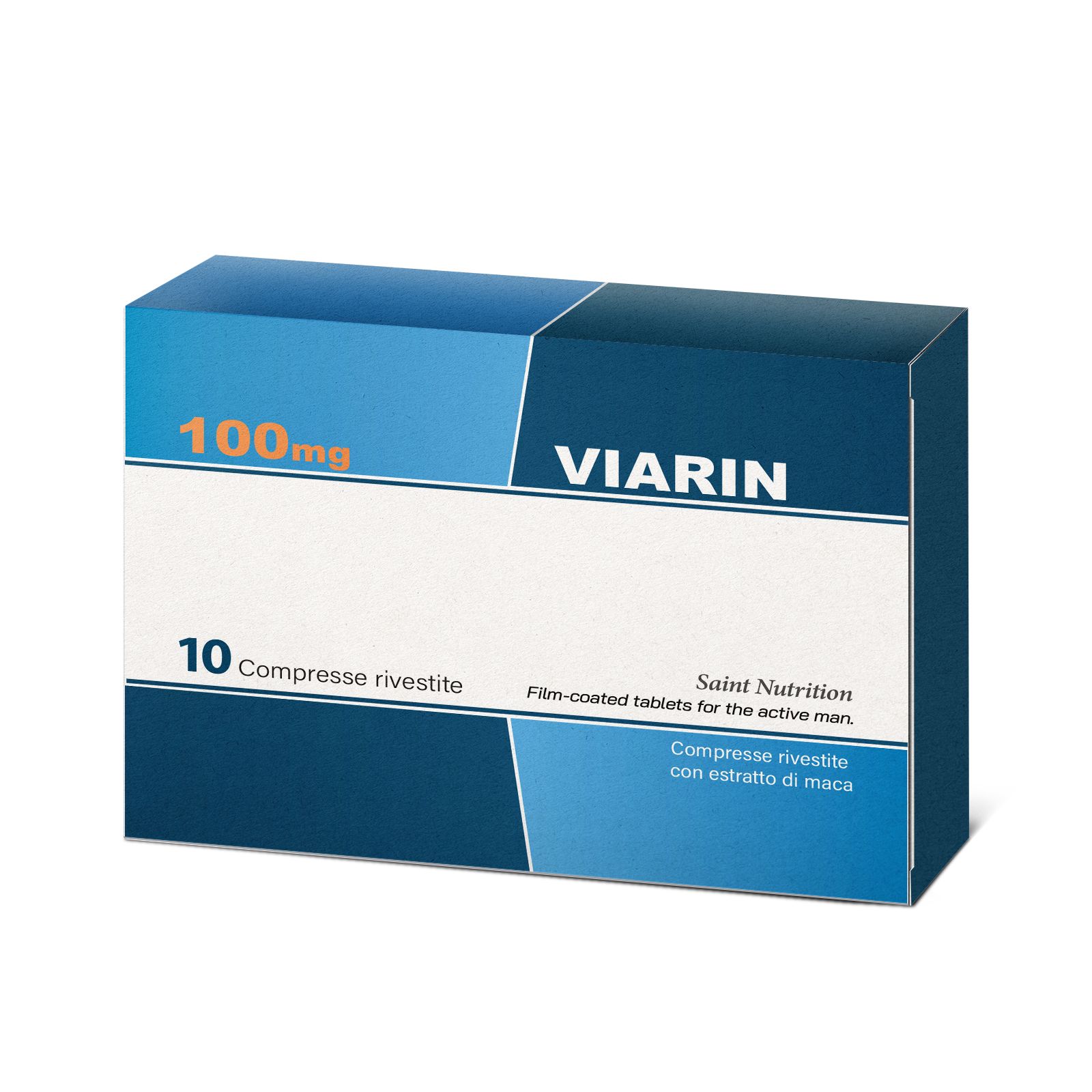 Scatola blu con scritta: Viarin, 100mg, 10 compresse rivestite. Per uomini attivi. Con estratto di maca. Saint Nutrition.