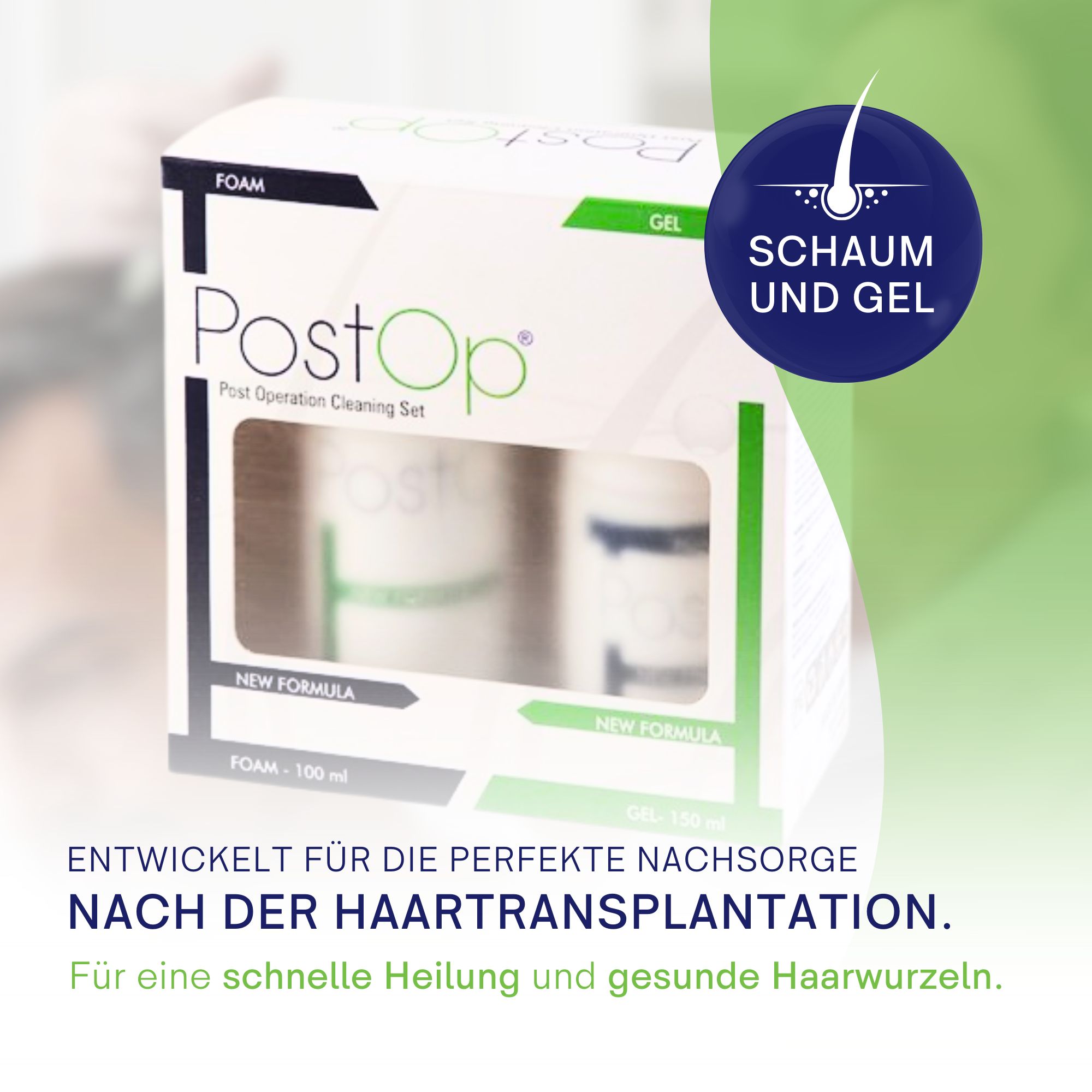 Kit di pulizia PostOp. Scatola con schiuma e gel. Testo: Per la cura post-operatoria dopo il trapianto di capelli.