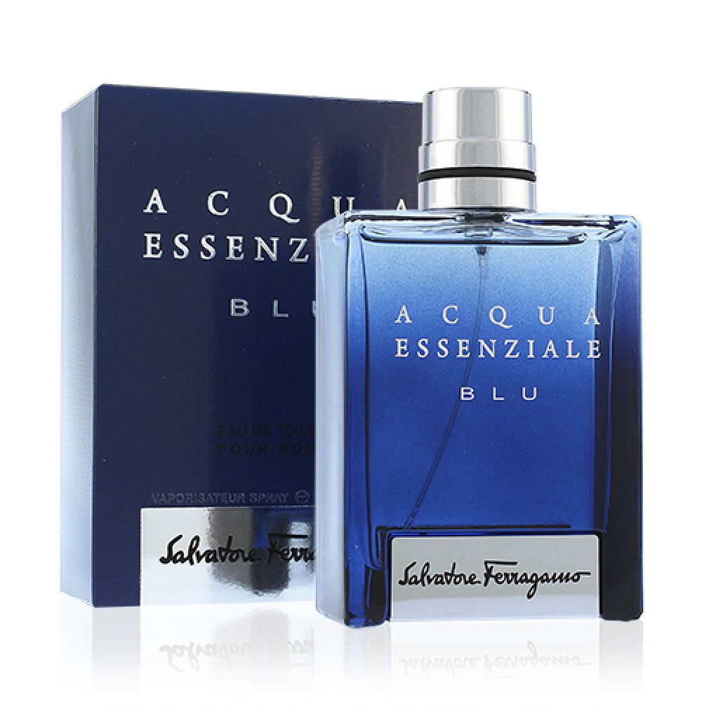 Flacone e scatola di profumo blu. Scritta: Acqua Essenziale Blu e Salvatore Ferragamo. Eau de Toilette.