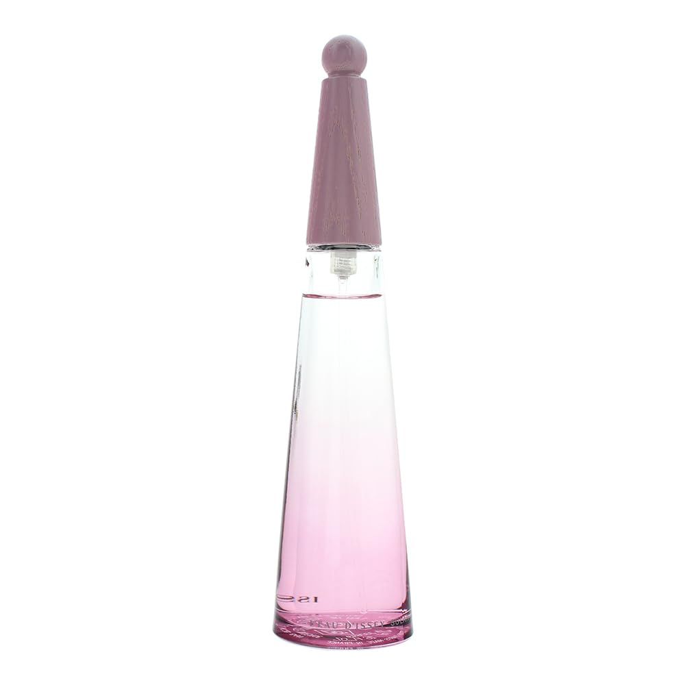 Flacone Issey Miyake L'Eau d'Issey Solar Violet. Sfumatura rosa, tappo in legno. Scritta in basso.