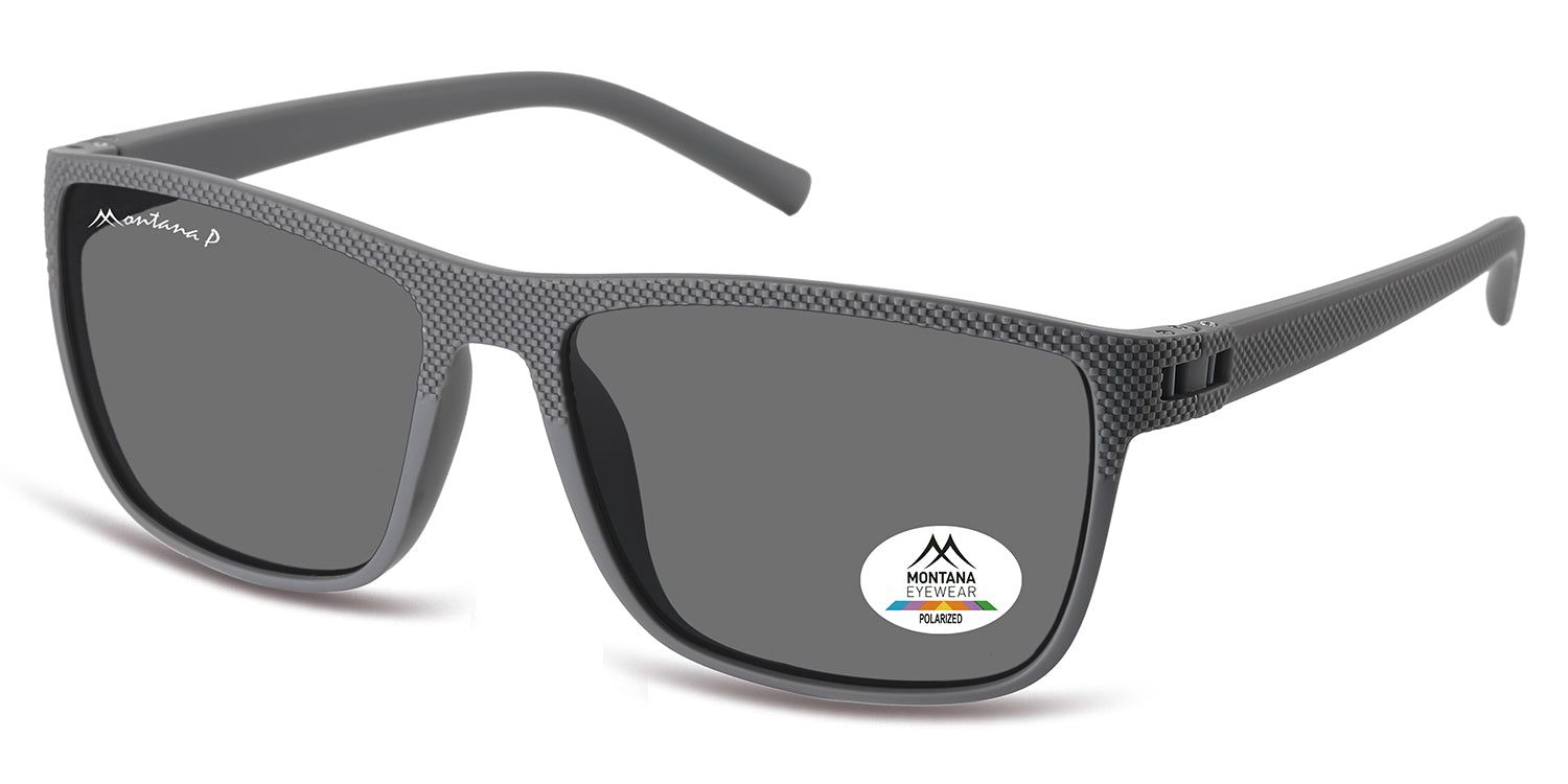 Occhiali da sole Montana Eyewear grigi. Forma rettangolare, lenti scure. Logo e adesivo Polarized. Aste nere.