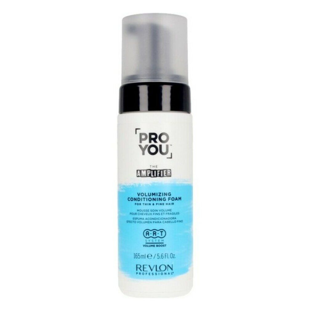 Flacone bianco con etichetta nera e blu. Scritta: PRO YOU THE AMPLIFIER, Volumizing Conditioning Foam. 165ml.