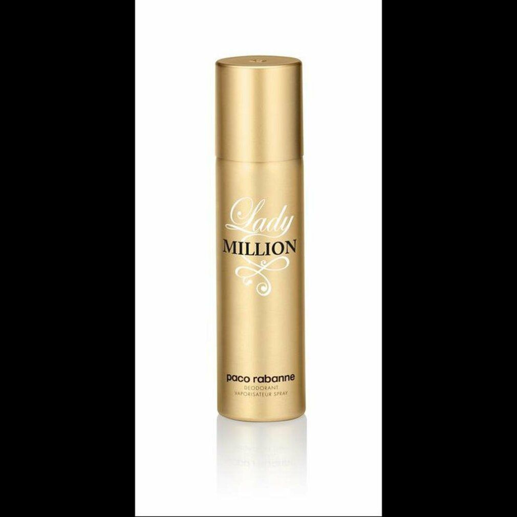 Spray deodorante dorato. Scritta: Lady Million, Paco Rabanne. Forma cilindrica.