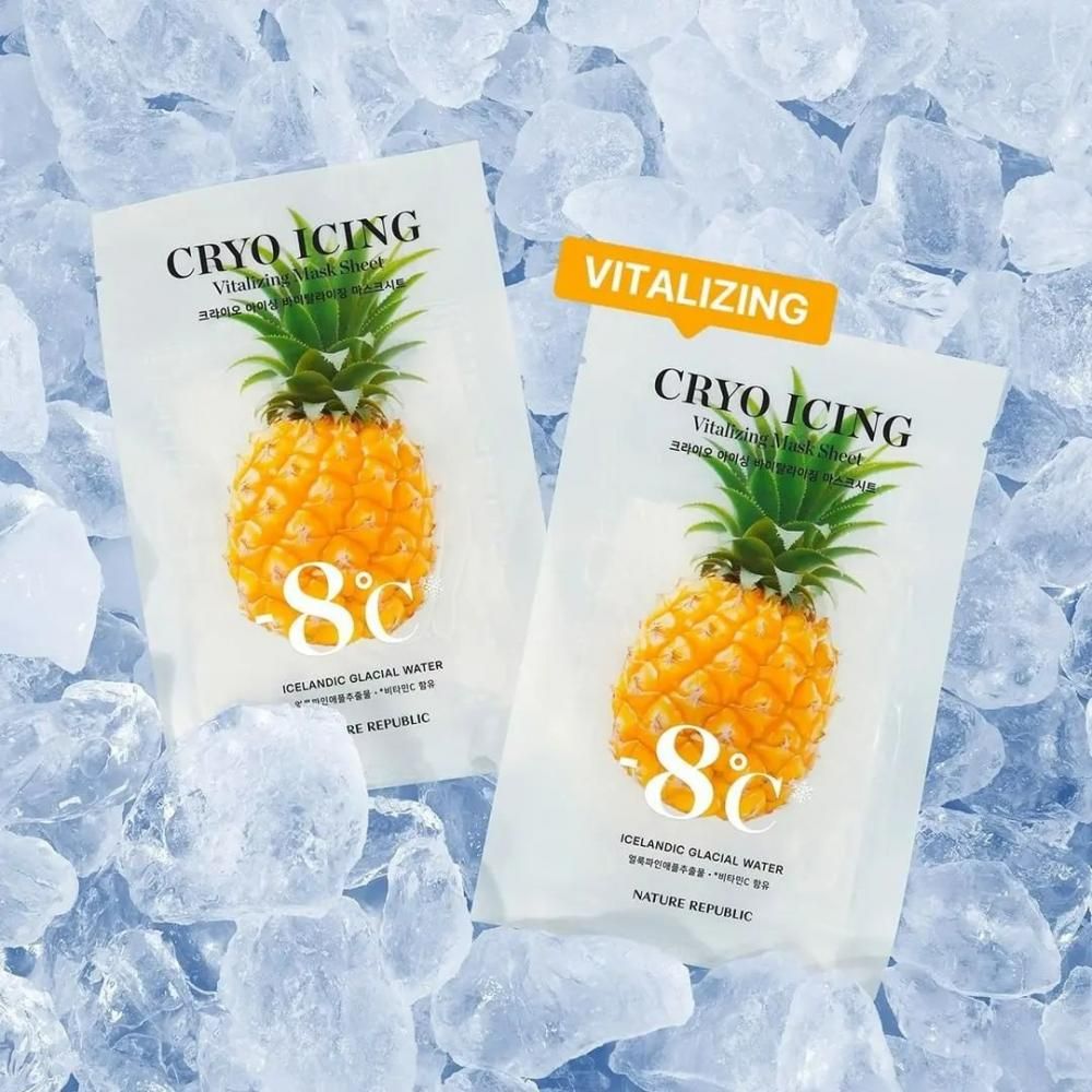 Due bustine con motivo ananas. Scritta: Cryo Icing, Vitalizing. Su ghiaccio. Marchio: NATURE REPUBLIC.