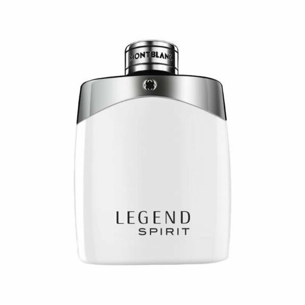 Primo piano del flacone di profumo. Flacone bianco con tappo argentato. Scritta: Montblanc Legend Spirit. Logo sul tappo.