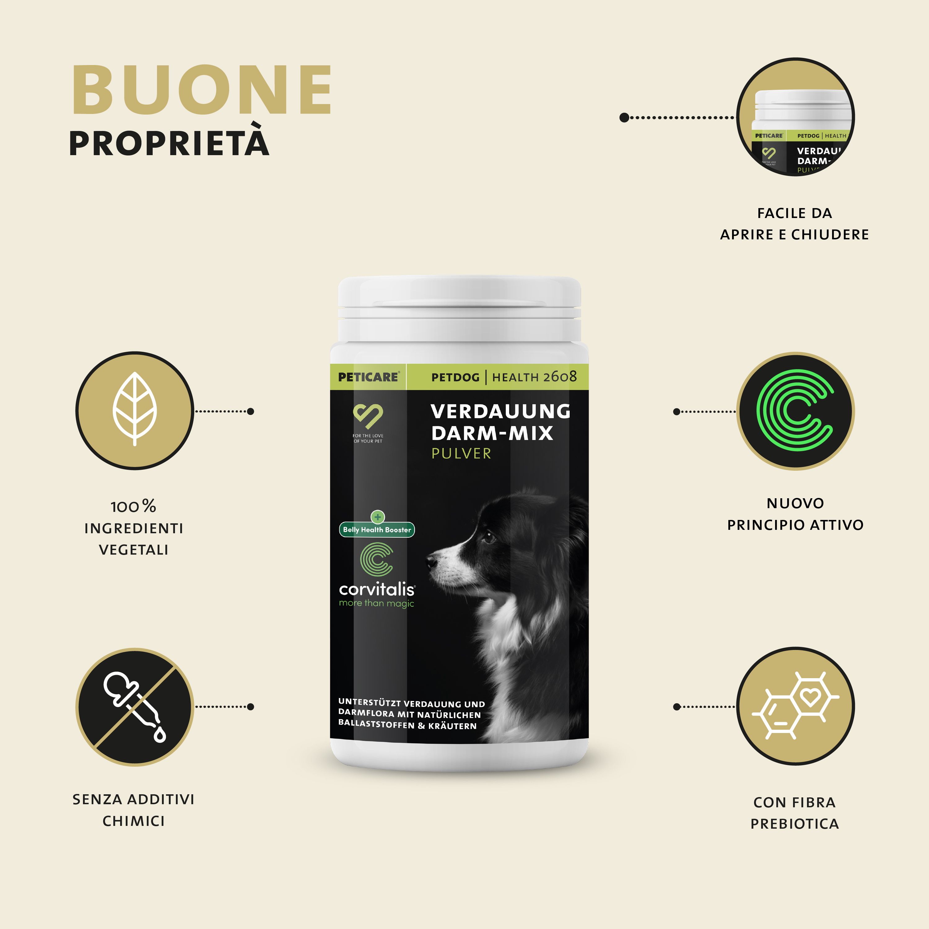 Peticare Polvere Digestione: barattolo, 100% ingredienti vegetali, fibre prebiotiche.