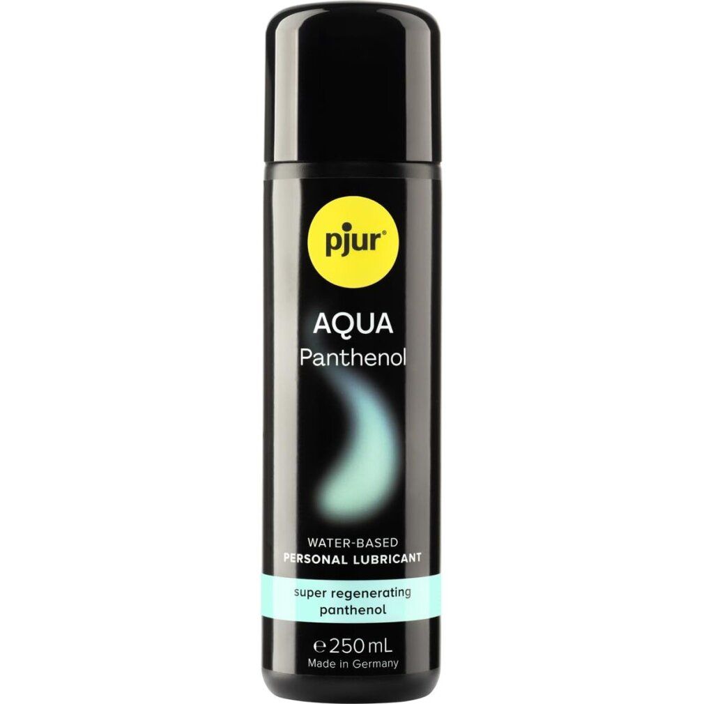 Flacone nero con logo giallo e scritta "Pjur Aqua Panthenol". Scritte blu e bianche. Lubrificante a base d'acqua.