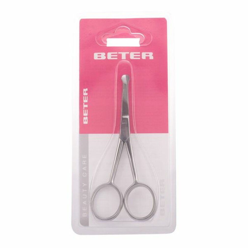 Forbici BETER a punta smussata in confezione blister. Sfondo rosa. Testo: BEAUTY CARE. Per la cura della salute.