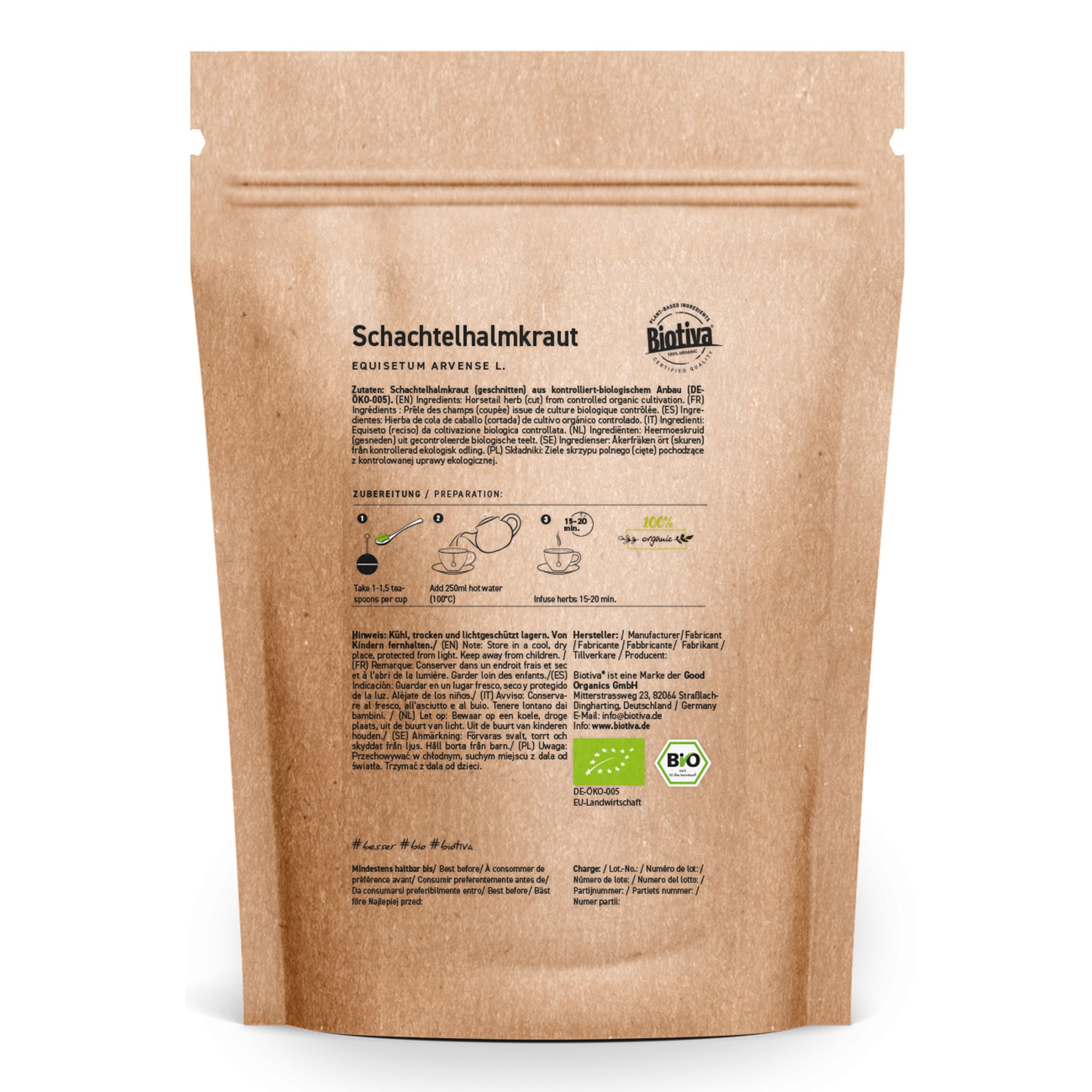 Retro della confezione Biotiva. Testo: Schachtelhalmkraut, istruzioni per la preparazione, sigillo bio, logo bio UE.