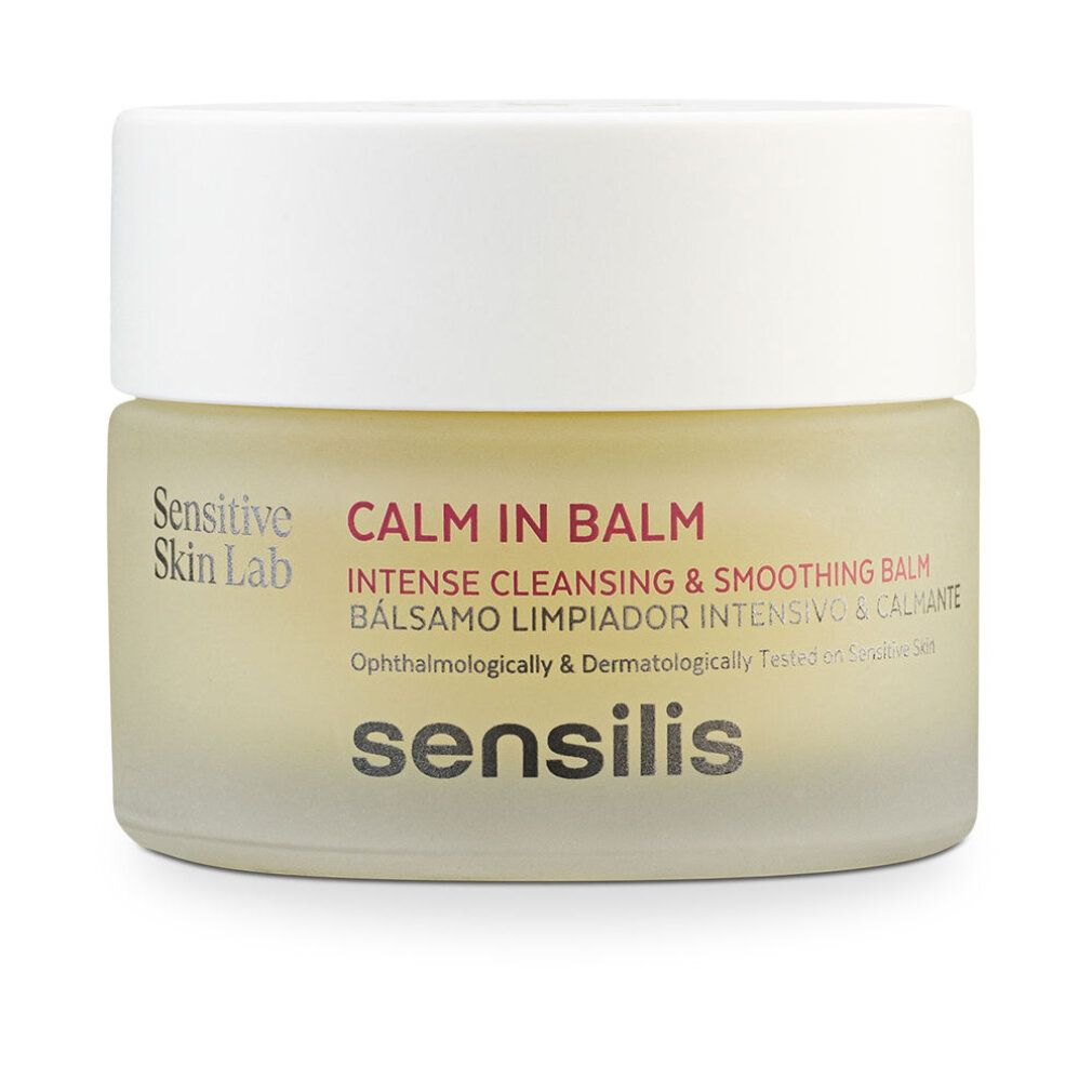 Vasetto di crema con coperchio bianco. Scritta: CALM IN BALM, sensilis. Per pelli sensibili. Balsamo detergente e levigante intenso.