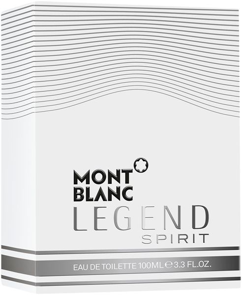 Confezione bianca di Montblanc Legend Spirit Eau de Toilette. Logo e testo neri. Testo argento Legend Spirit. 100ml e 3.3 FL.OZ.