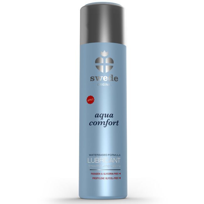 Flacone di lubrificante Swede Aqua Comfort, azzurro con tappo argentato.