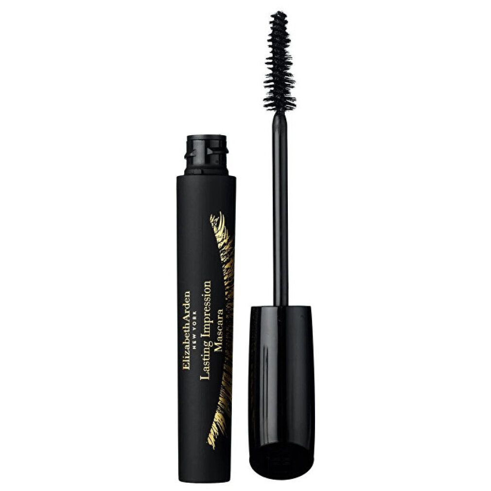 Tubo di mascara nero con spazzola. Scritta: Elizabeth Arden, Lasting Impression Mascara.
