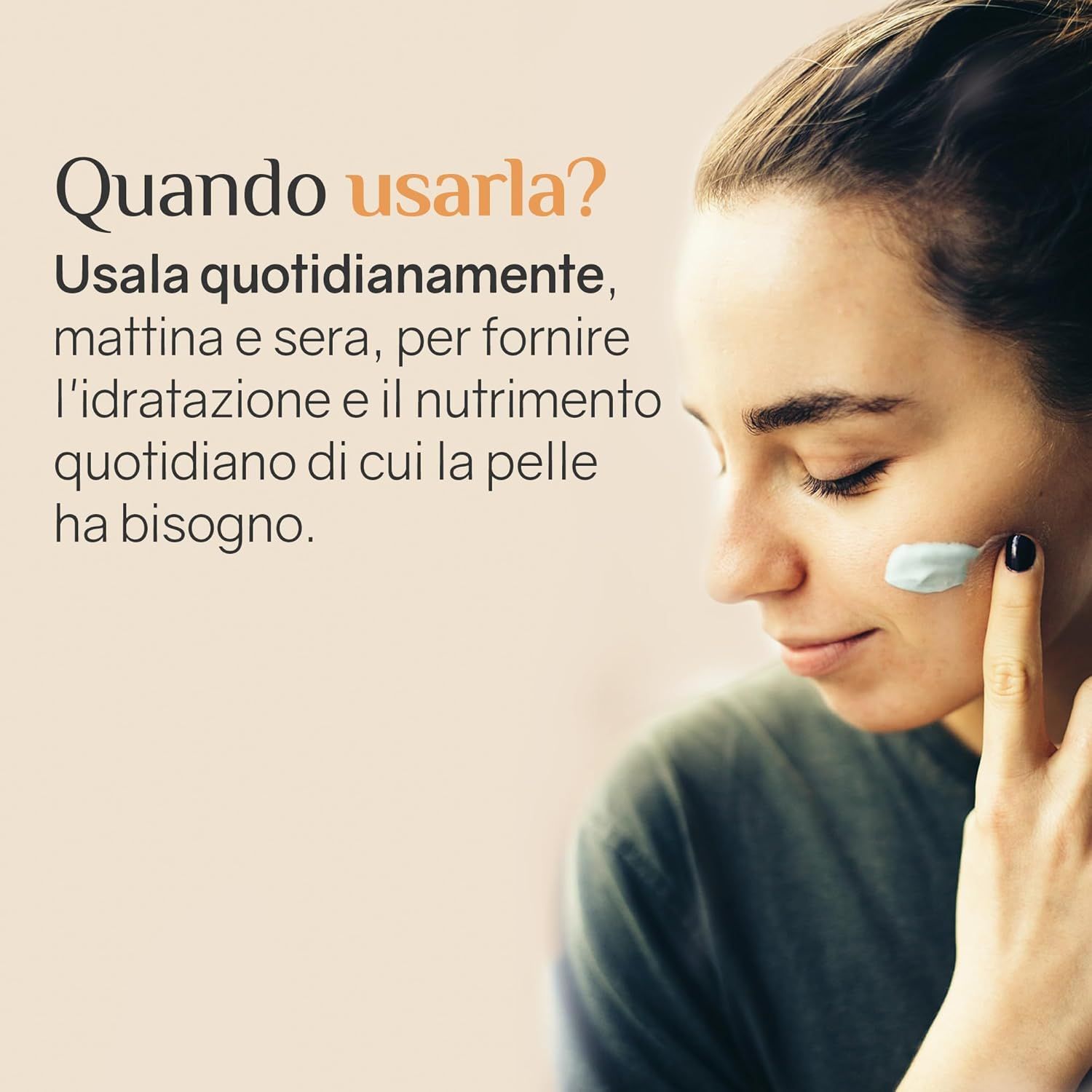 Donna applica crema. Testo: Usare mattina e sera. Idratazione e nutrimento per la pelle. Marchio: Ardaraz.