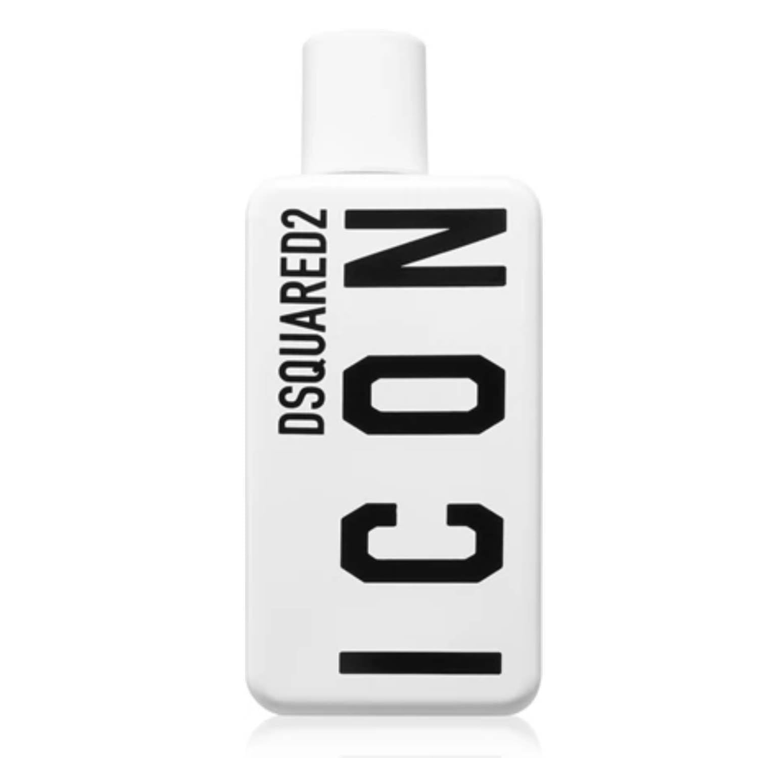 Flacone bianco con scritta "ICON" nera e logo "DSQUARED2". Forma rettangolare, tappo bianco.