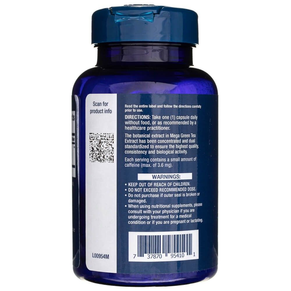 Retro del flacone con istruzioni e avvertenze per Life Extension Mega Green Tea Extract decaffeinato.