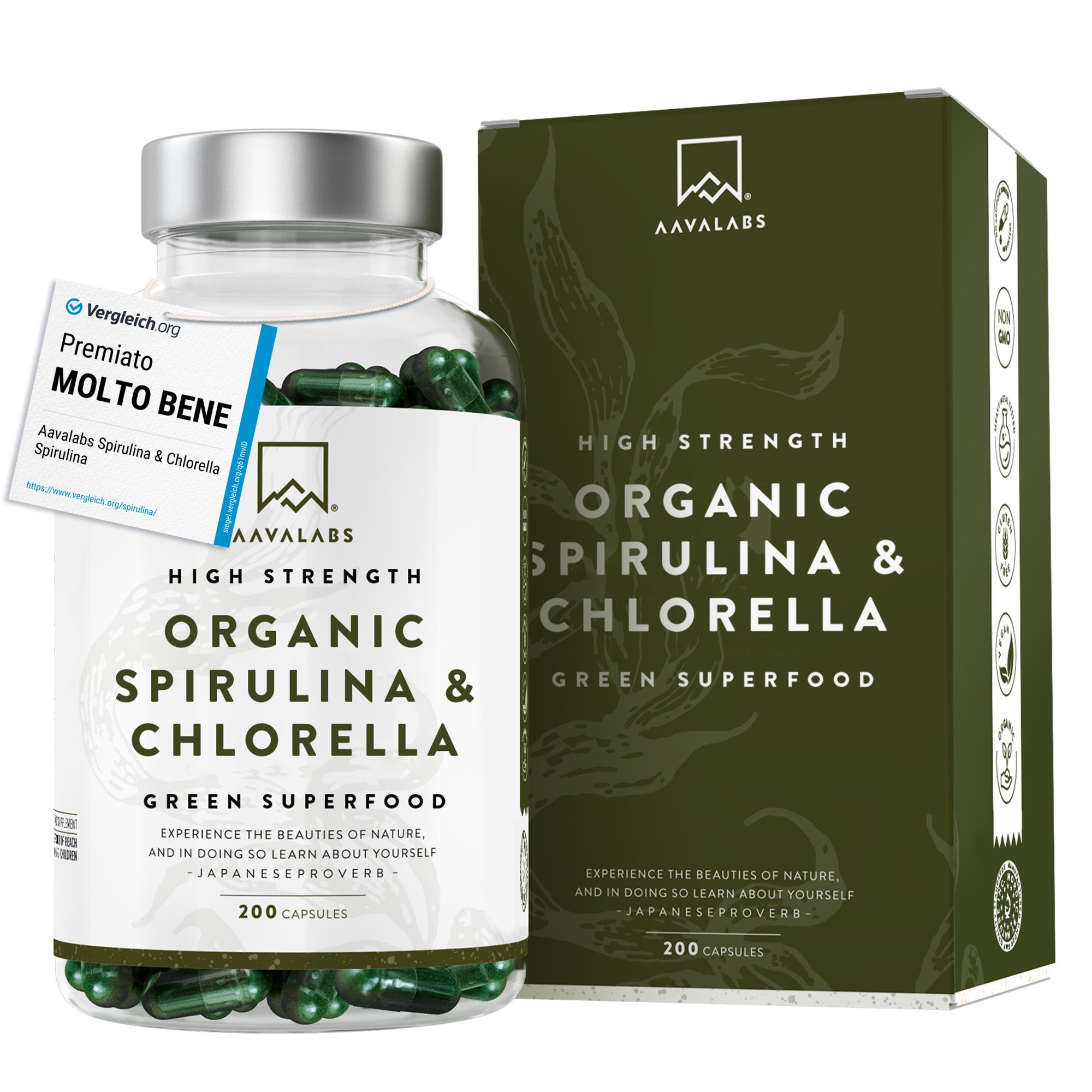 Aavalabs Spirulina e Clorella (Chlorella) bio 1.800 mg | Biologico certificato | Scorta 2 mesi