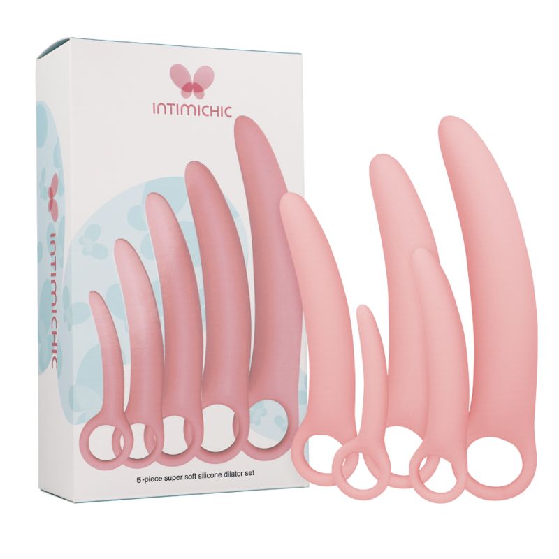 Confezione con sei dilatatori rosa. Marchio INTIMICHIC. Anello per presa.
