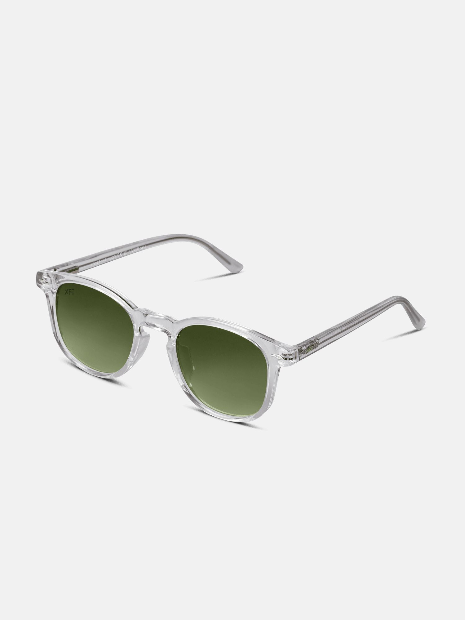 Occhiali da sole unisex. Montatura trasparente, lenti verdi. Forma quadrata.