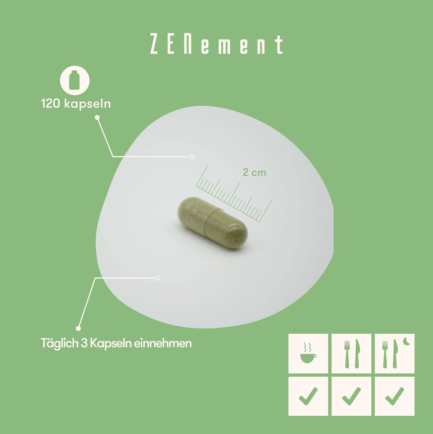 Una capsula verde su sfondo bianco. Accanto: 120 capsule, scala di 2 cm e istruzioni per l'assunzione: 3 capsule al giorno.