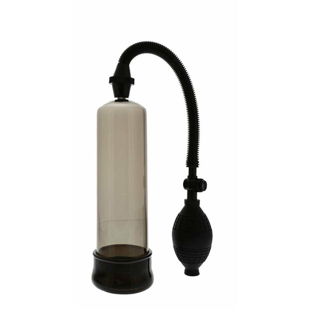 Pompa per l'ingrandimento del pene. Corpo cilindrico, base nera, tubo e pompa. Cilindro trasparente.