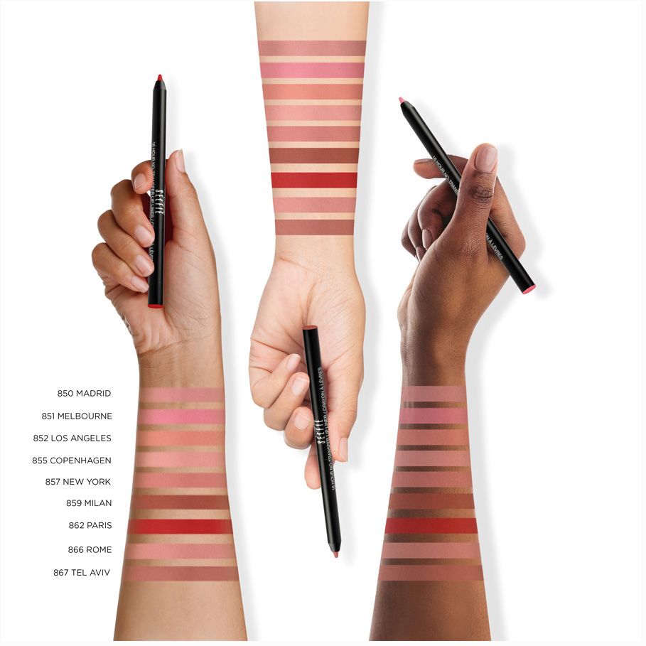 Tre mani mostrano matite labbra e campioni di colore. Scritta "Selfie Lip Liner".