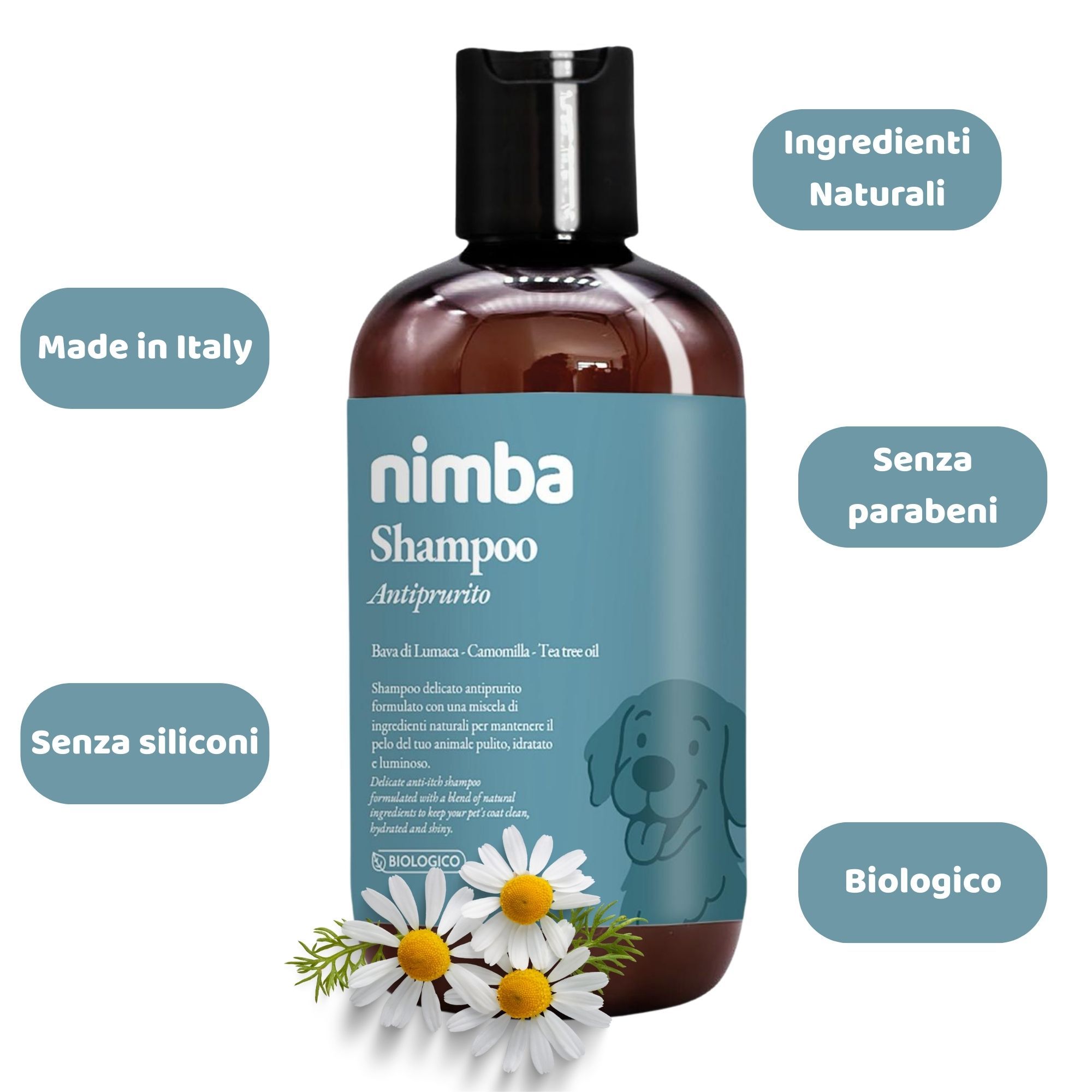 Nimba Shampoo Antiprurito per cani. Etichette aggiuntive: Made in Italy, Senza siliconi, Senza parabeni, Biologico, Ingredienti naturali.