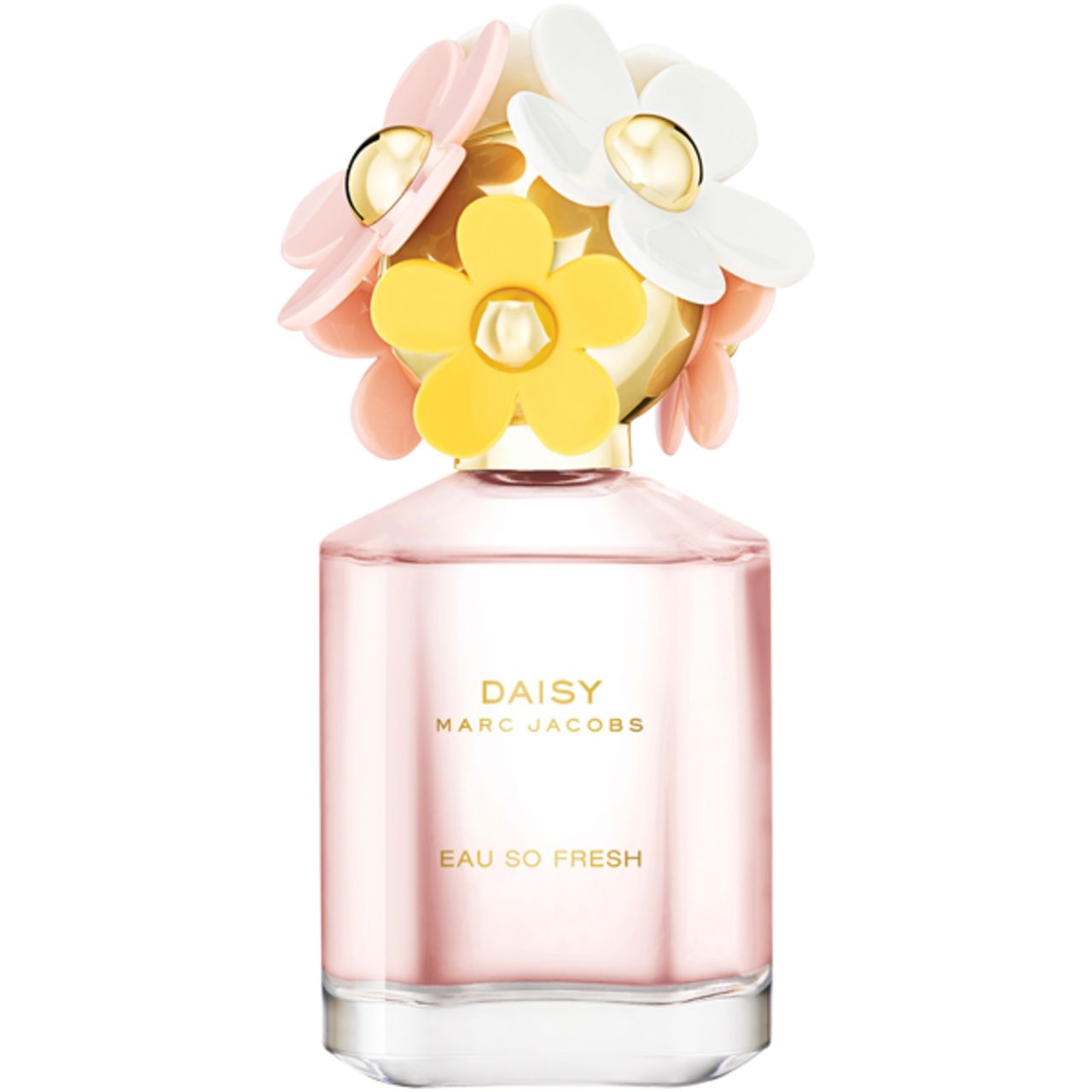 Flacone di profumo con liquido rosa. Il tappo presenta fiori gialli, rosa e bianchi. Sul flacone è scritto "DAISY EAU SO FRESH".
