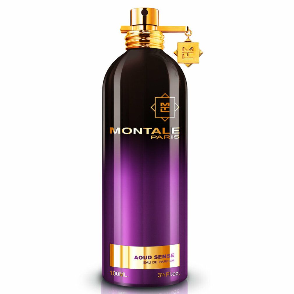 Flacone di profumo sfumato. Tappo e ciondolo dorati. Scritta: Montale Paris, Aoud Sense Eau de Parfum.