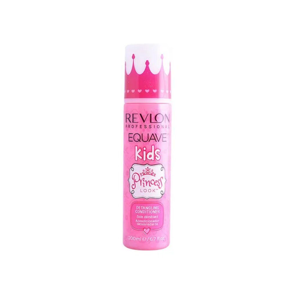Flacone rosa con tappo bianco. Scritta: Revlon Equave Kids Princess Look Conditioner. 200ml.