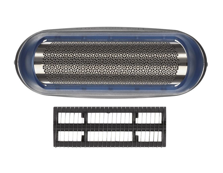 Testina di ricambio per rasoio. Lamina di rasatura con rifinitore nero. Dettagli blu. Parti di ricambio per rasoio.