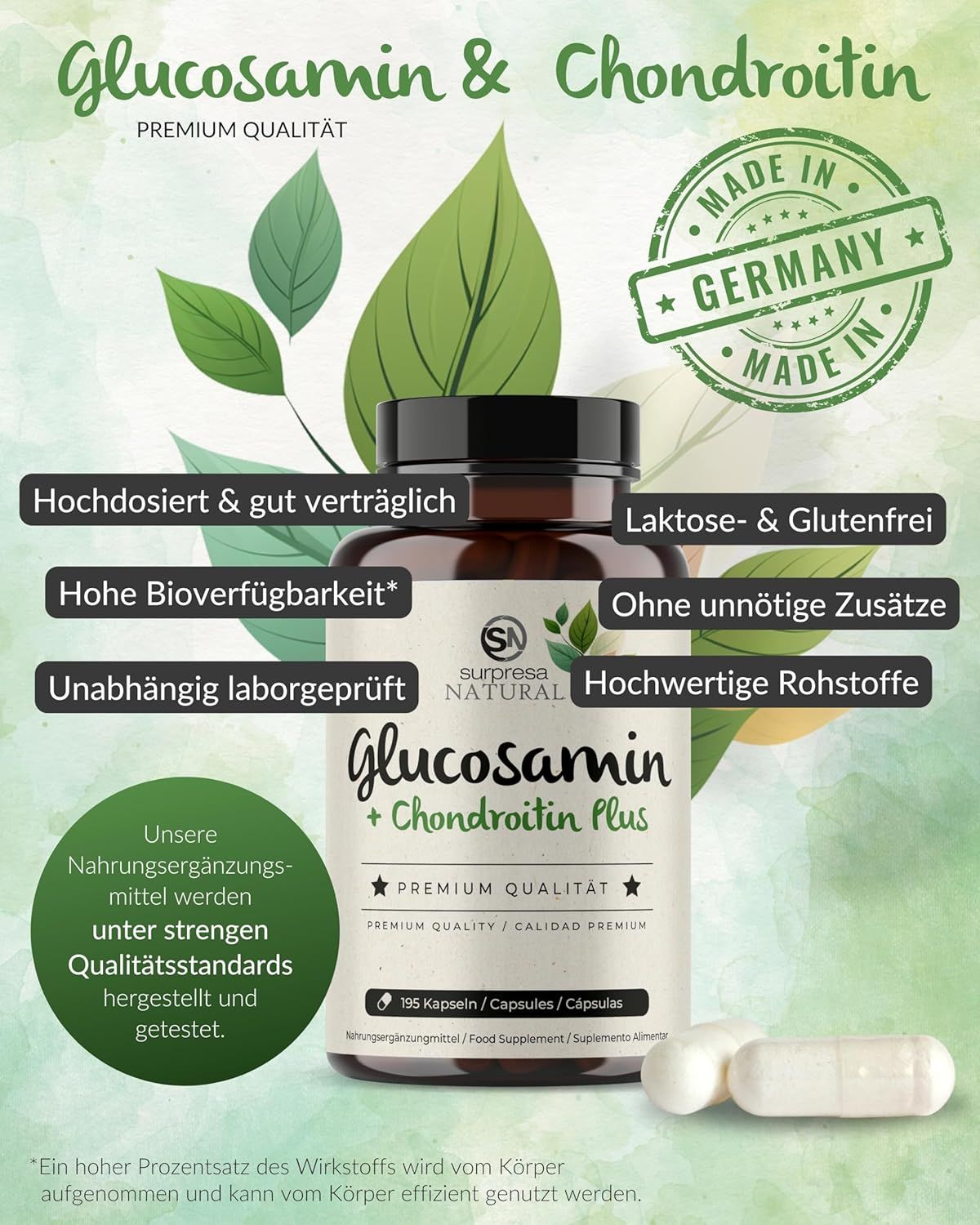 Flacone marrone con scritta: Glucosamina + Condroitina Plus. Testo: Altamente dosato e ben tollerato. Senza additivi inutili.