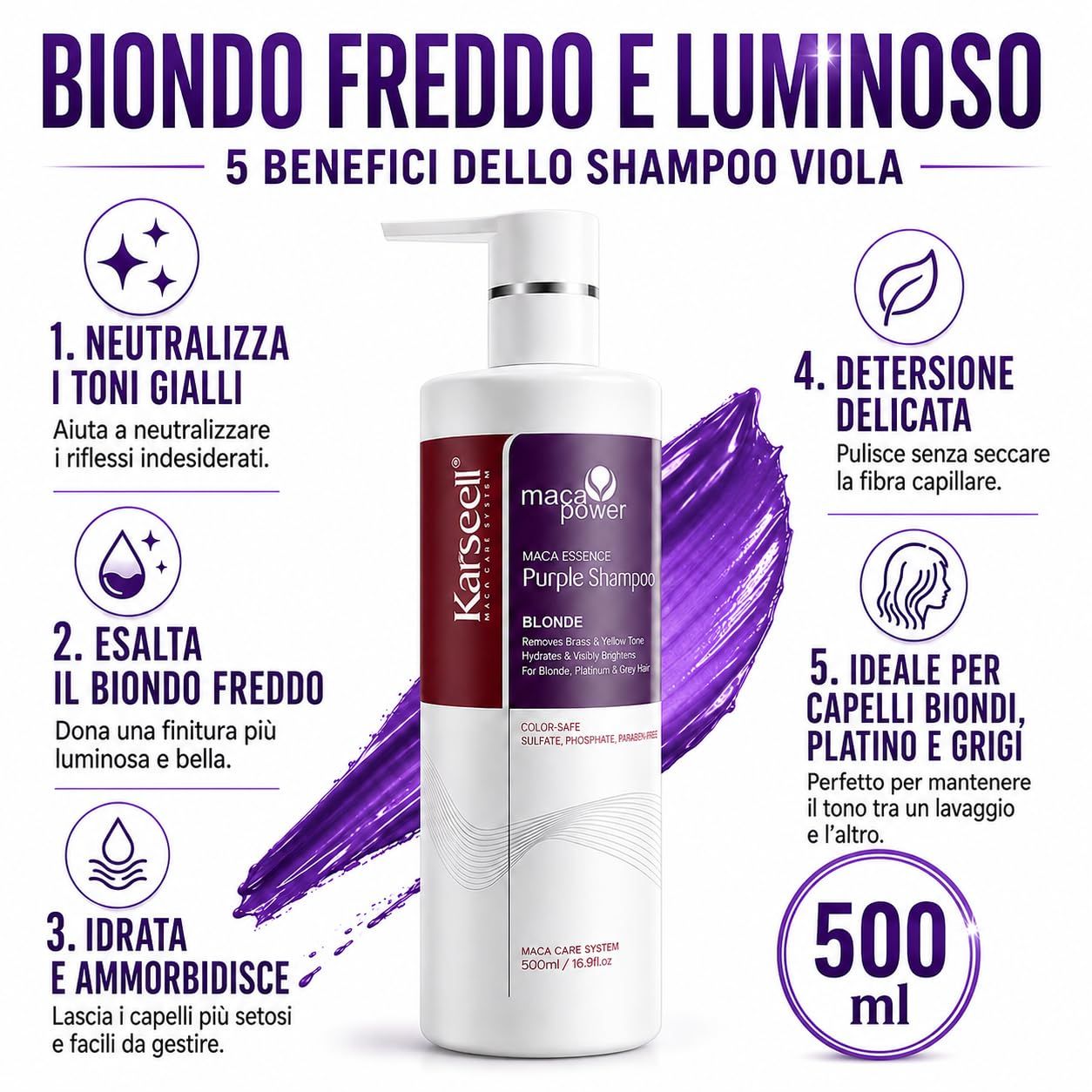 KARSEELL Shampoo Viola Antigiallo Professionale Capelli Biondi Platino Grigi Decolorati