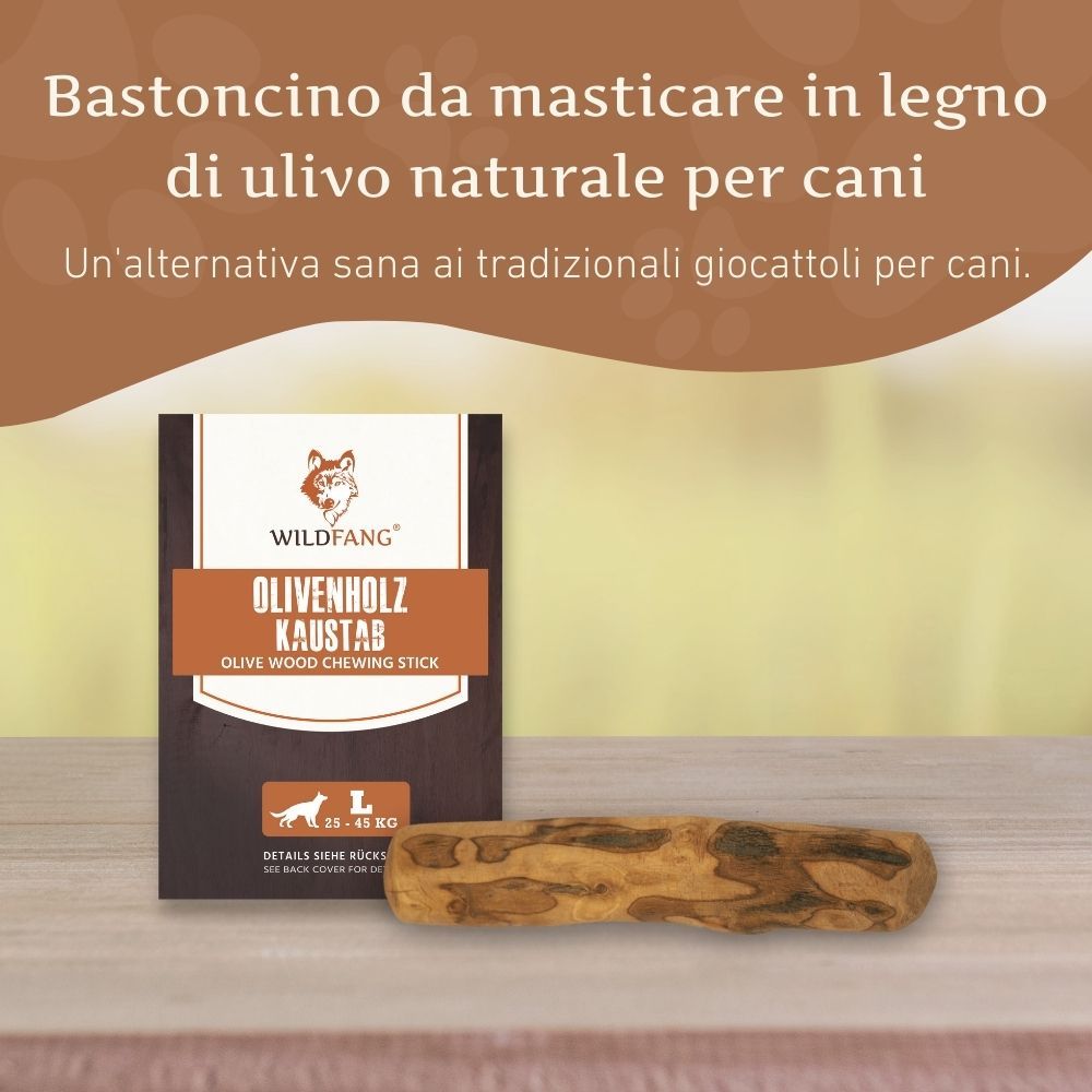 Confezione e bastoncino masticabile in legno d'ulivo. Testo: Olivenholz Kaustab, L. Logo: WILDFANG.
