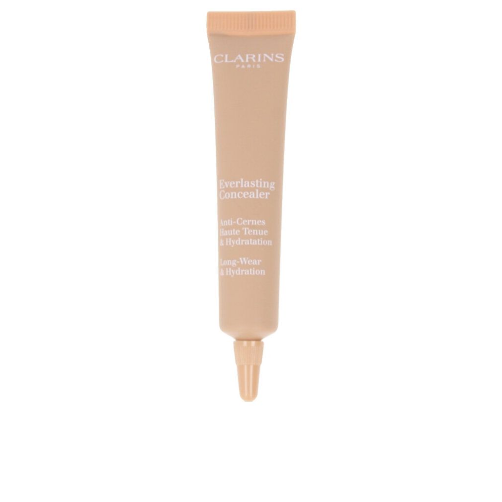 Tubo correttore Clarins Everlasting. Tubo beige con applicatore. Scritte: Everlasting Concealer, Anti-Cernes, Haute Tenue & Hydratation, Long-Wear & Hydratation.