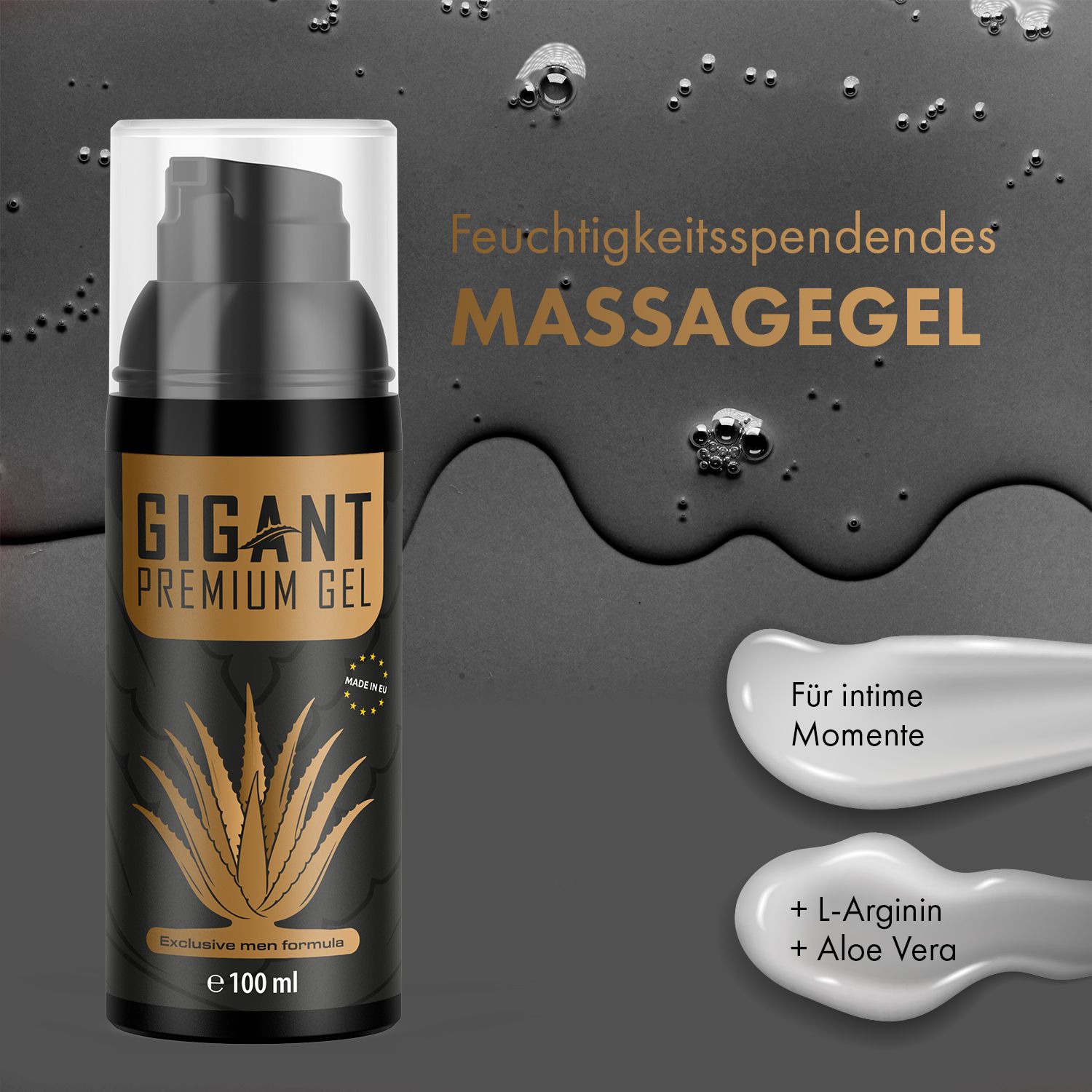 Flacone nero con etichetta dorata. Scritta: GIGANT PREMIUM GEL. Motivo aloe vera. E 100 ml. Su sfondo scuro.