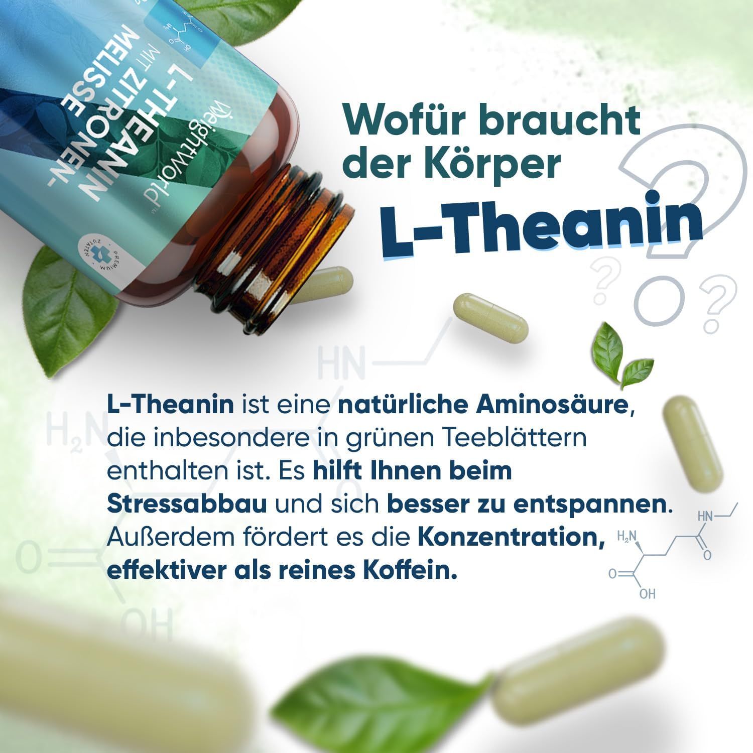 Capsule e foglie. Testo: A cosa serve la L-teanina per il corpo? La L-teanina è un amminoacido naturale.