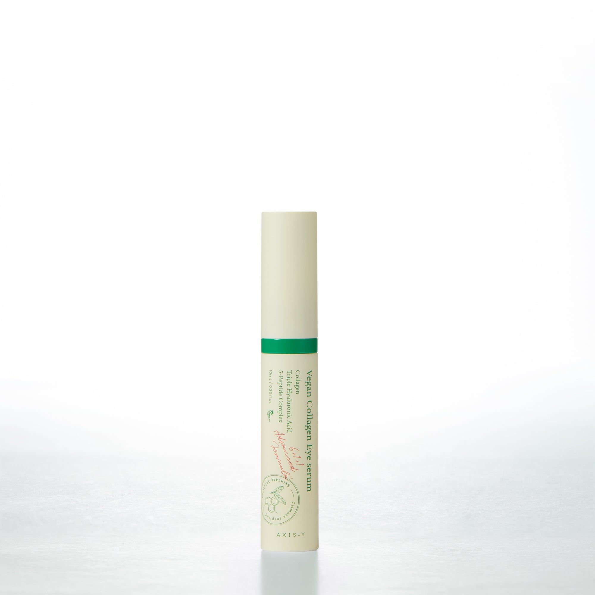 Tubo di siero occhi con striscia verde. Informazioni sul prodotto sull'etichetta. AXIS-Y Vegan Collagen Eye Serum.