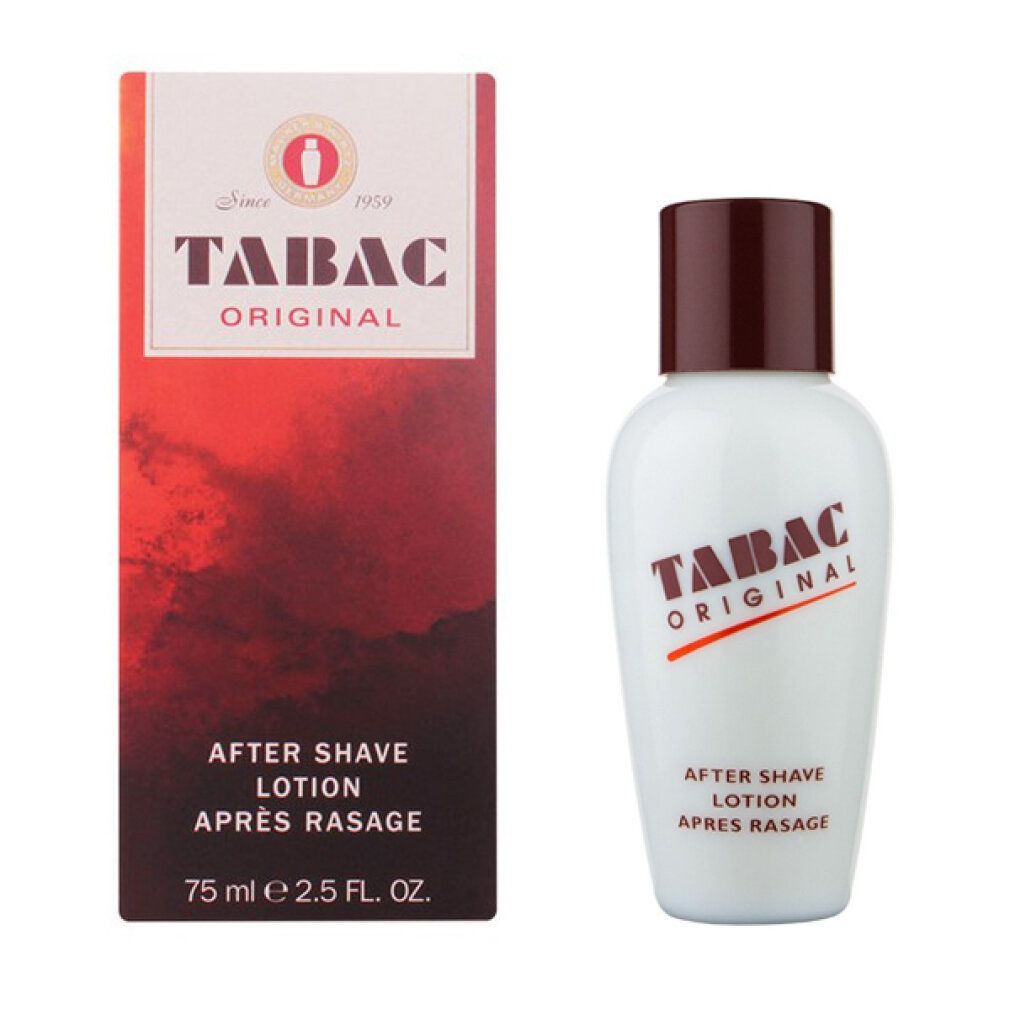 Flacone e confezione. Scritta: TABAC ORIGINAL, After Shave Lotion, Après Rasage. 75 ml.