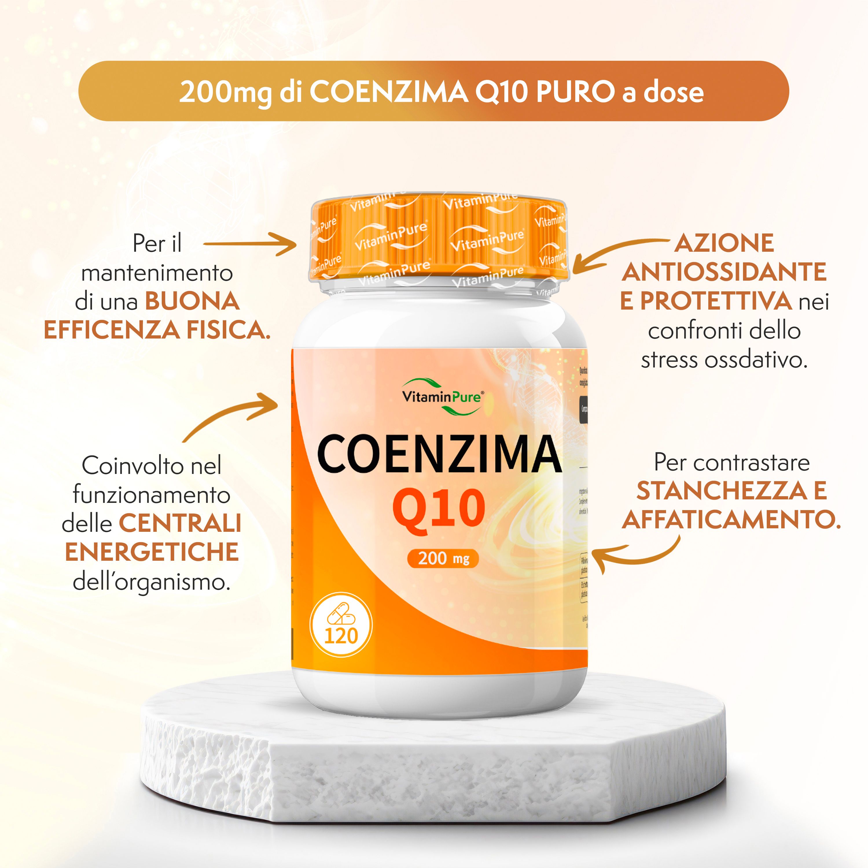 VitaminPure® Coenzima Q10, 200mg. Flacone bianco, etichetta arancione. Scritta: Coenzima Q10, 120 capsule.