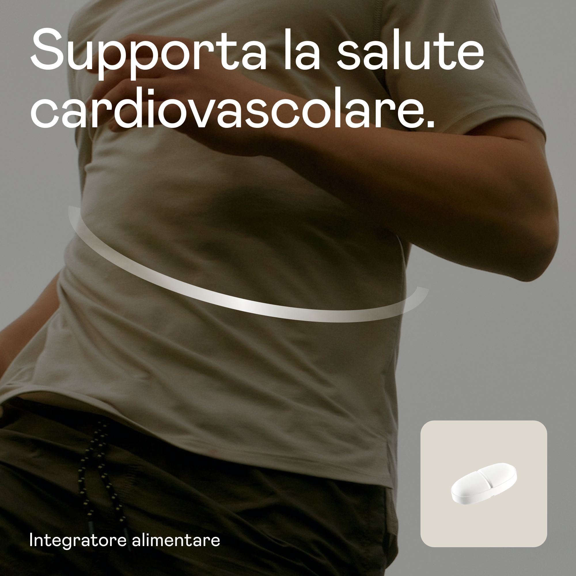 Compressa Aenea Bergamotto. Testo: Supporta la salute cardiovascolare. Viene mostrata una compressa.